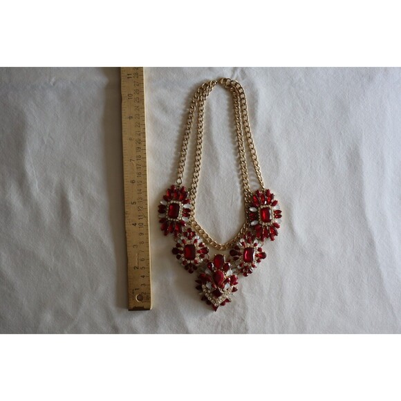 Chunky Necklace Gold Toned Chain Red White Stones Rhinestone Statement 18" - Picture 4 of 11